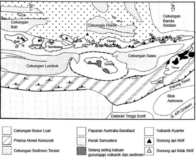Gambar 4.  Seting tektonik masa kini menunjukkan kerangka mega tektonik (Darman dan Sidi, 2000)