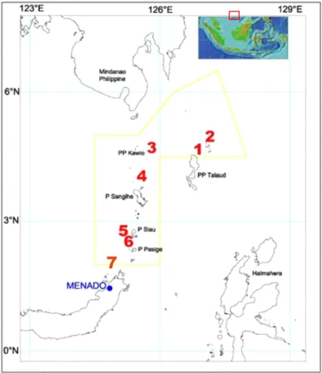 Gambar 1. Lokasi stasiun trawl di perairan Sangihe dan Talaud Figure 1. Trawl survey stations around Sangihe and Talaud islands.