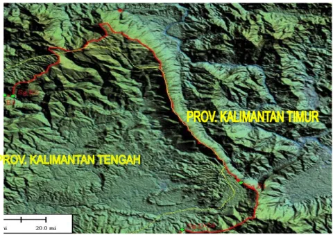 Gambar 5: Garis batas Provinsi Kalimantan Timur dan Provinsi Kalimantan Tengah yang  menggunakan Watershed , kenampakan pada Citra satelit SRTM (Sumber: PPBW 