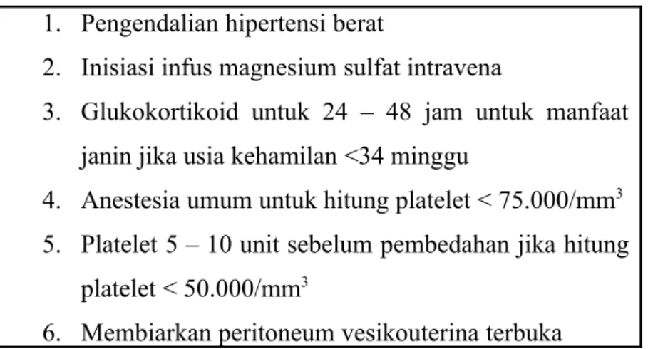 Tabel   3.  Penatalaksanaan   perioperatif   pasien   dengan   sindrom   HELLP   yang   memerlukan  seksio sesarea