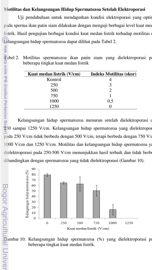 Tabel 2.   Motilitas  spermatozoa  ikan patin siam yang  dielektroporasi  pada  beberapa tingkat kuat medan listrik 