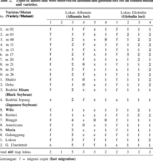 Tabel  2.  Jenis  alel  yang  terdapat  pada  lokus-lokus  Albumin  dan  globulin  untuk  varietas  dan  mutan  yang  diteliti.