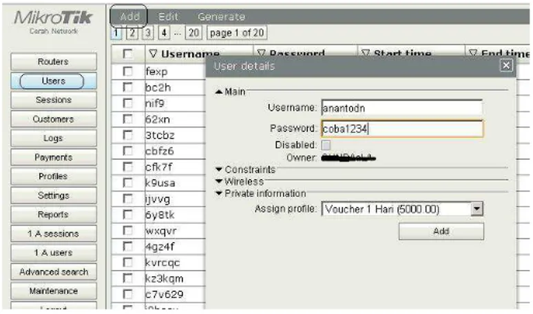 Gambar 4.6  Cara menambahkan user hotspot di user manager  4.2.   Tahap Pengoperasian   