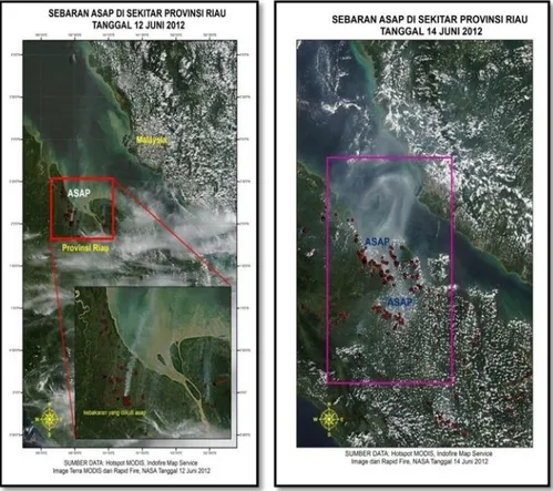 Gambar 3.  Sebaran asap dan hotspot di Propinsi Riau 