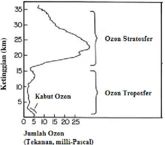 Gambar 1.  Struktur vertikal lapisan ozon troposfer (permukaan-10 km) dan stratosfer  (10-50 km) Sumber: Bojkov, WMO 1995; World Meteorological Organization, 1998, 