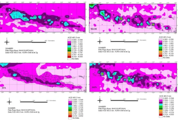 Gambar 2.  Rata-rata musiman DJF, MAM, JJA dan SON dari AOD 483,5 nm  berdasarkan   data Aura OMI level 2g di Jawa 2004-2008 