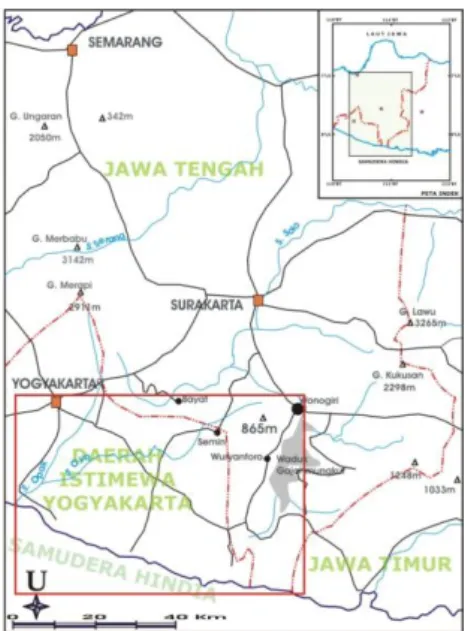 Gambar 1. Peta lokasi daerah penelitian di  Pegunungan Selatan, Yogyakarta-Jawa 