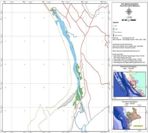 Gambar 1. Lokasi penelitian ekosistem mangrove di pesisir Kota Bengkulu. Sumber Peta : Pengolahan Data  Primer dengan ArcMap 10.1 tahun 2015