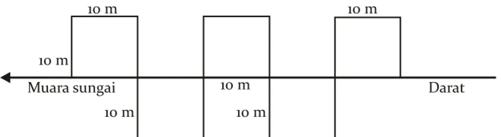 Figure 2. Lay out the plot placement of measuring mangrove density10 m10 m10 m10 m10 m DaratMuara sungai10 m Salinitas (ppt) Jenis 0,5-15 16-25 26-35 Air PayauAsinTabel 1
