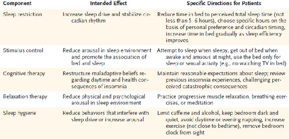 Tabel 2.7. Komponen dari Cognitive-behavioral Therapy untuk pasien insomnia  (Winkelman, 2015).