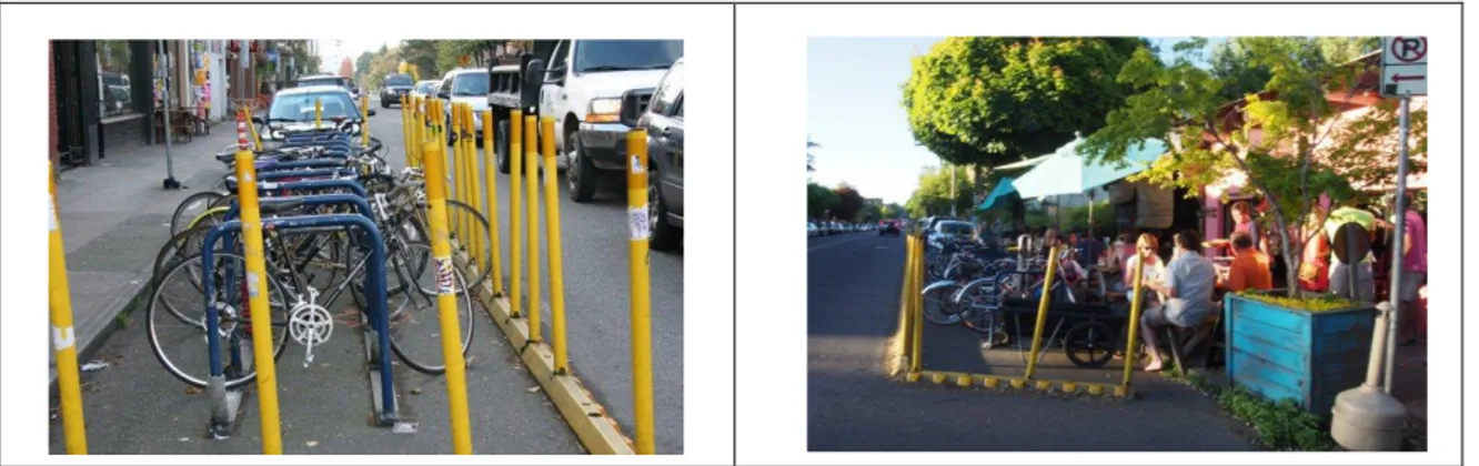 Gambar 7. Penggunaan ruang jalan untuk area parkir sepeda dan area duduk   di Mississippi Avenue in Portland 