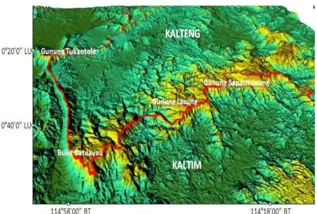 Gambar  2 : Penarikan garis batas di  punggung bukit dengan data DEM dari SRTM  (Sumber Ilham, dkk.,2009) 