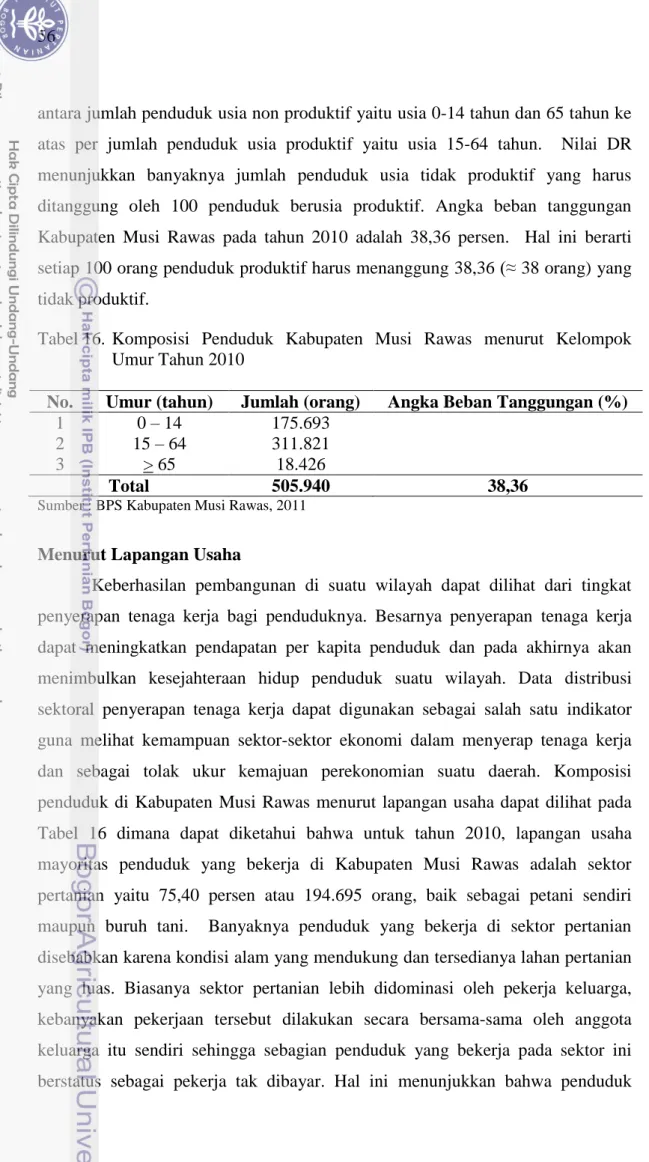 Tabel 16.  Komposisi  Penduduk  Kabupaten  Musi  Rawas  menurut  Kelompok  Umur Tahun 2010 