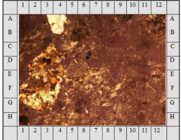 Gambar 6  Kenampakan mikroskopis LithicTuff   (Pettijohn,  1975)  pada  conto  sayatan  TA/TF  tersusun  oleh  piroksin  (4A),  mineral  opak  (6D),  gelas  vulkanik  (10  B),  yang  difoto  dengan  perbesaran 50X pada posisi nikol silang