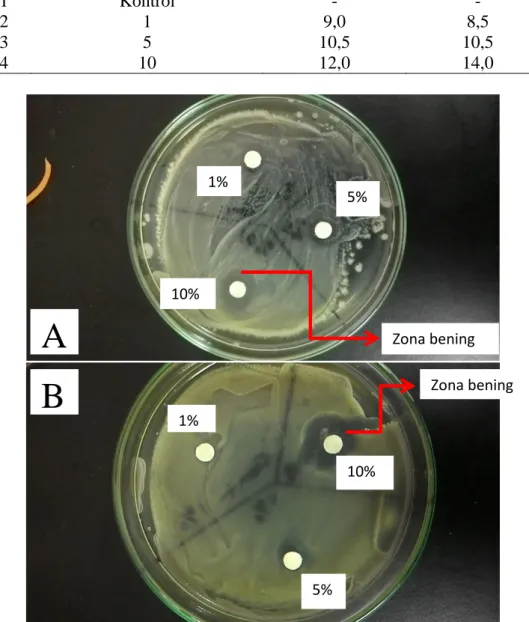 Tabel 1. Hasil uji Aktifitas Antibakteri Senyawa Calkon terhadap Bakteri E. Coli (Gram -)  dan B