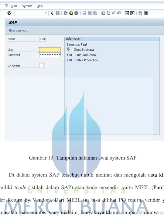 Gambar 19. Tampilan halaman awal system SAP 