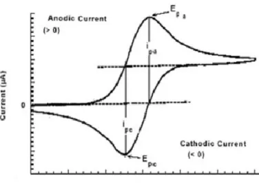 Gambar 2.10 Voltamogram Siklik dengan Arus sebagai Fungsi Potensial (Wang, 2000) 