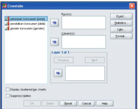 Gambar 10.1. Kotak dialog Crosstabs  Pengisian: 