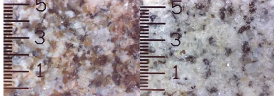 Gambar 9.  Penampang mikroskopik batu SB1 yang telah lapuk dan batu  SB2 yang belum lapuk