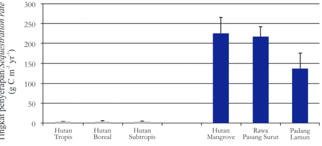 Gambar 4.  Tingkat penyerapan karbon rata-rata tahunan untuk habitat karbon biru per satuan luas  dibandingkan dengan habitat hutan daratan