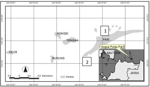 Gambar 1: Lokasi penelitian penyimpanan  dan penyerapan karbon di rataan                       terumbu Pulau Pari, Teluk Jakarta, 1 = Utara; 2 = Barat              Figure 1: Study site of carbon stock and carbon sink at reef flat of Pari Island,           