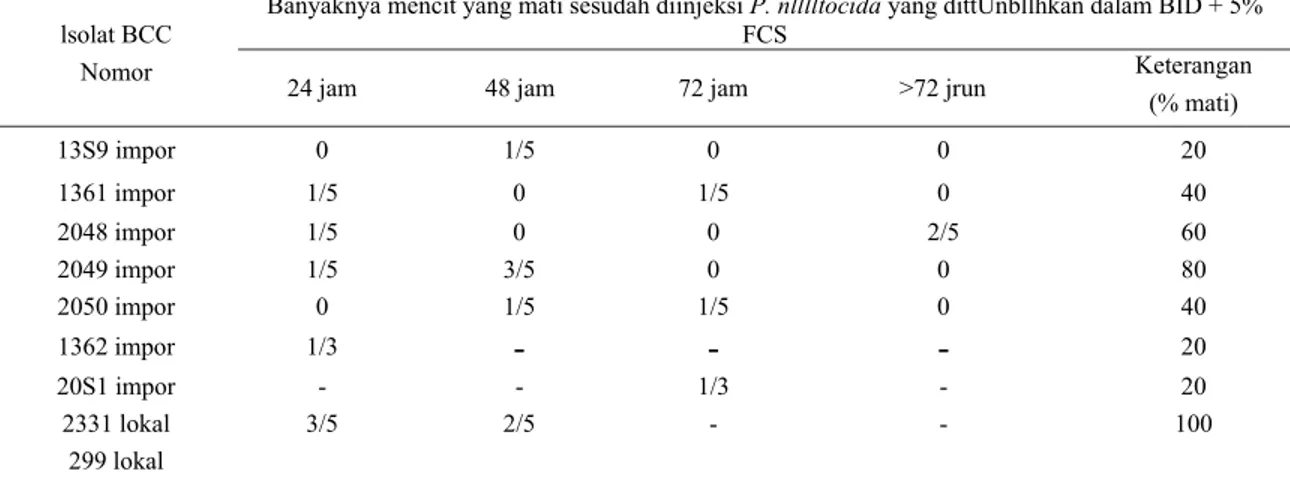 Tabel 1.  Patogenitas isolat galur P. multocida dari BCC sesudah kultivasi palla media BID + FCS terhadap mencit 