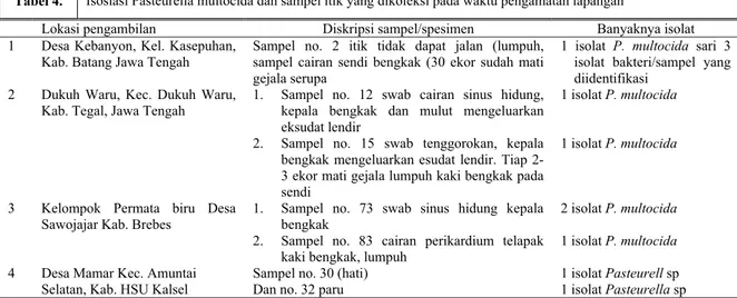 Tabel 4.   Isoslasi Pasteurella multocida dan sampel itik yang dikoleksi pada waktu pengamatan lapangan 