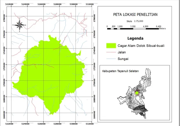 Gambar 1. Peta lokasi penelitian di Kawasan Cagar Alam Dolok Sibual-buali,  Kabupaten Tapanuli Selatan, Sumatera Utara