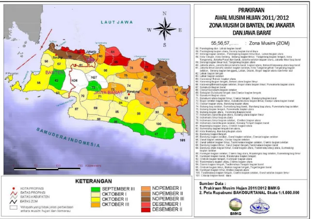 Gambar  1. Prakiraan  Awal  Musim  Hujan  2011/2012  Zona  Musim  di  Banten,  DKI  Jakarta,  dan Jawa Barat  