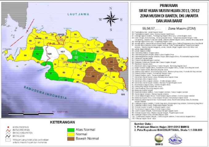 Gambar  3.  Prakiraan  Sifat  Hujan  Musim  Hujan  2011/2012  Zona  Musim  di  Banten,  DKI  Jakarta, dan Jawa Barat 