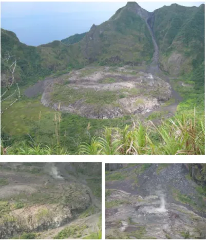 Gambar  3. Panorama bentang alam puncak G. Kie Besi, dilihat dari pantai utara P. Makian (kiri), dan longsoran pada dinding puncak G