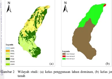 Gambar 2 Wilayah studi: (a) kelas penggunaan lahan dominan, (b) kelas jenis 