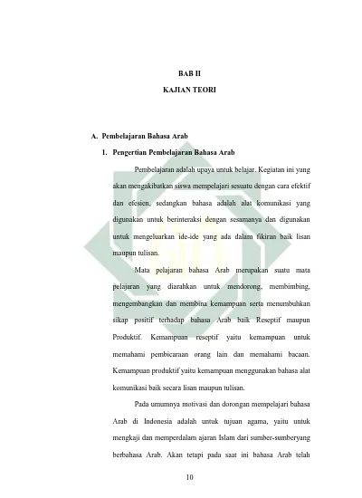 BAB II KAJIAN TEORI. 1. Pengertian Pembelajaran Bahasa Arab