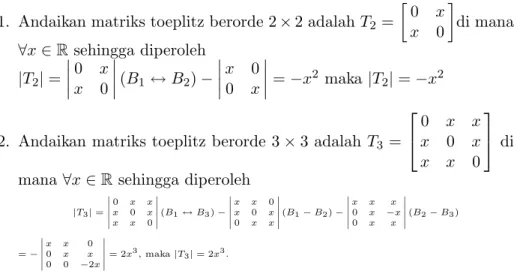 Tabel 1. Nilai Determinan Matriks Toeplitz T n No Matiks Toeplitz T n Nilai Determinan