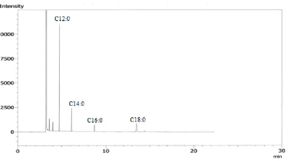 Gambar 5. Kromatogram (A) sampel HPKL yang tidak mengandung asam lemak  trans, Kromatogram (B) sampel HPKL yang mengandung asam  lemak trans dengan kadar 0,9174%