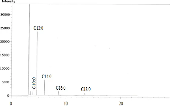 Gambar 4. Kromatogram (A) sampel HPKS yang mengalami hidrogenasi total,   Kromatogram (B) sampel HPKS yang mengandung asam lemak  trans (B)
