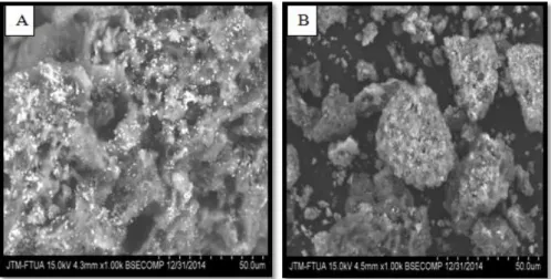 Gambar  5  (A)  menunjukkan  bahwa  serbuk  karbon  memiliki  ukuran  butiran  yang  lebih  halus  dari  pada  campuran  Fe 3 O 4   dan  serbuk  karbon  ditambah  PVDF  Gambar  5  (B)