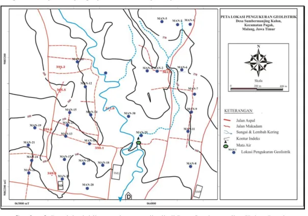 Gambar 9. Peta lokasi titik pengukuran geolistrik di Desa Sumbermanjing Kulon, Pagak. 