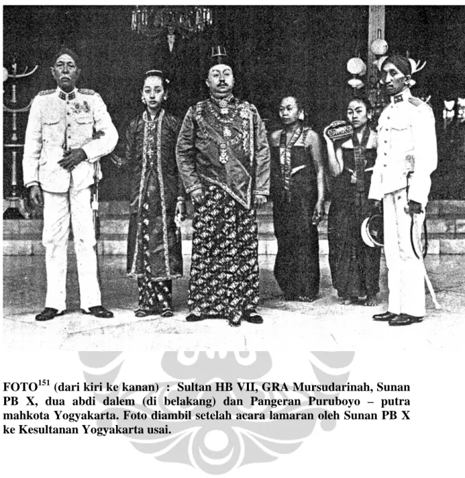 FOTO 151  (dari kiri ke kanan)  :  Sultan HB VII, GRA Mursudarinah, Sunan  PB X, dua abdi dalem (di belakang) dan Pangeran Puruboyo – putra  mahkota Yogyakarta