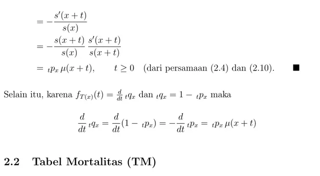 Tabel mortalitas adalah tabulasi nilai fungsi-fungsi dasar q x , ℓ x , d x dan fungsi tambahan lainnya yang didaftar berdasarkan usia x atau rentang usia (x, x + 1) dengan x = 0, 1, 2, 