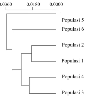 Gambar 3.  Dendrogram pengelompokkan enam populasi ramin berdasarkan jarak genetika        Nei (1978).