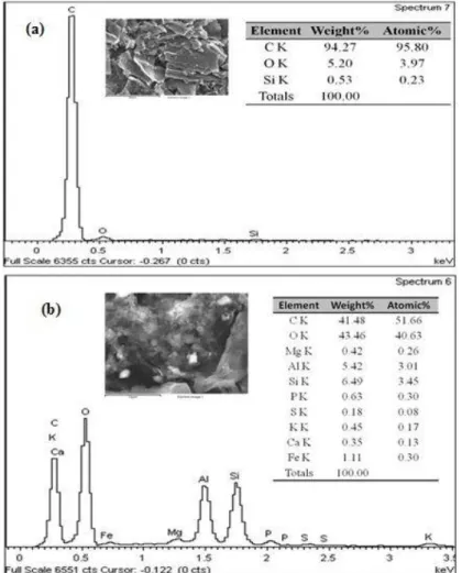 Gambar 5. Hasil pengujian EDX untuk sampel KAM, (a) sebelum (b) sesudah  perendaman pada sampel air yang mengandung logam berat Fe