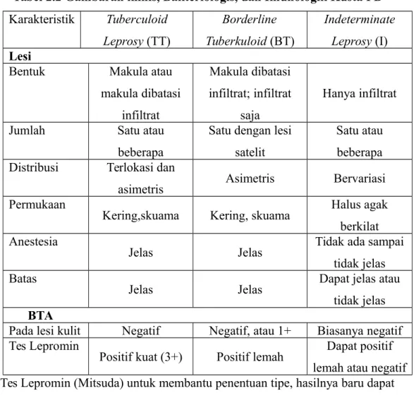 Tabel 2.3 Gambaran klinis, Bakteriologis, dan Imunologik Kusta MB 2 Karakteristik Lepromatosa Leprosy (LL) Borderline Lepromatosa (BL) Mid-borderline(BB) Lesi