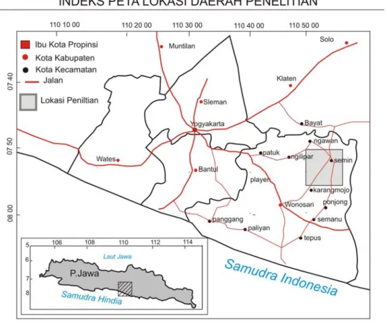 Gambar  1.1. Peta indeks lokasi daerah penelitian dan letaknya dari Kota Yogyakarta, kotak warna  merah menunjukan letak daerah penelitian (Modifikasi dari peta RBI,2013) .
