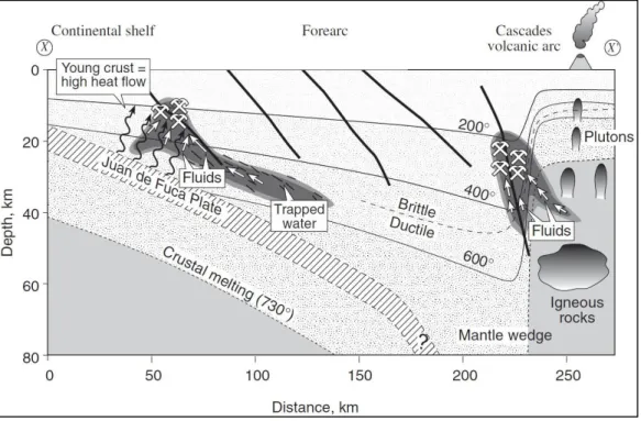 Gambar 7.  Model subduksi pantai barat Amerika di masa kini yang menunjukkan pengendapan fluida  pembawa bijih selama peristiwa seismic pada zona akresi (Goldfarb dkk, 2001)