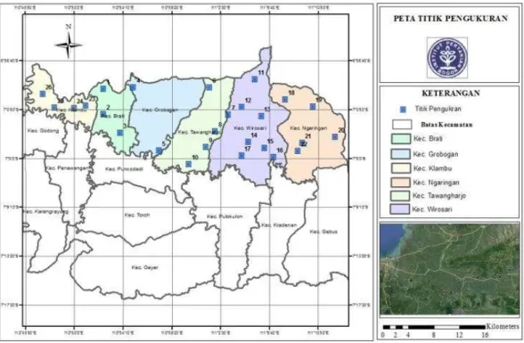 Gambar 3 Lokasi dan titik penelitian di Kabupaten Grobogan Bagian Utara 