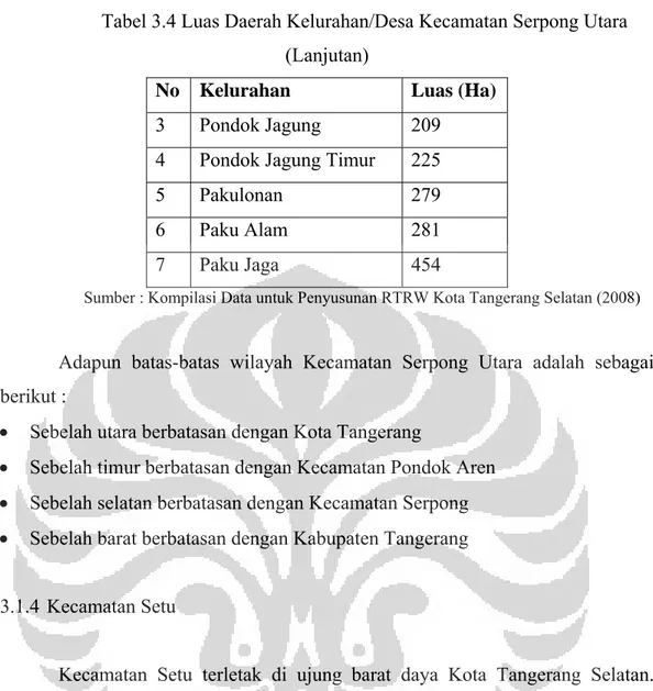 Tabel 3.5 Luas Daerah Kelurahan/Desa Kecamatan Setu  No Kelurahan  Luas  (Ha) 