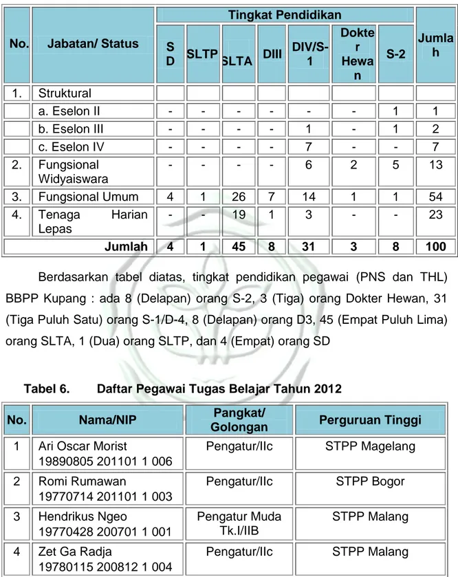 Tabel 5.  Komposisi Pegawai (PNS, CPNS, THL) di Balai Besar  Pelatihan Peternakan (BBPP) Kupang Berdasarkan Tingkat  Pendidikan 
