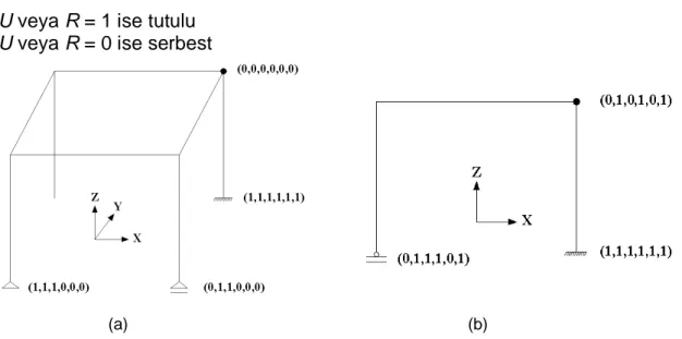 Şekil 1.12 Düğüm noktası serbestlikleri ve mesnet şartları (a) Uzayda (b) Düzlemde 