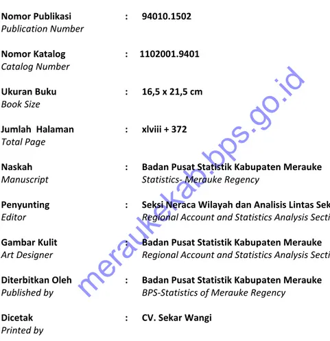 Gambar Kulit  :  Badan Pusat Statistik Kabupaten Merauke  Art Designer  Regional Account and Statistics Analysis Section  Diterbitkan Oleh  :  Badan Pusat Statistik Kabupaten Merauke 